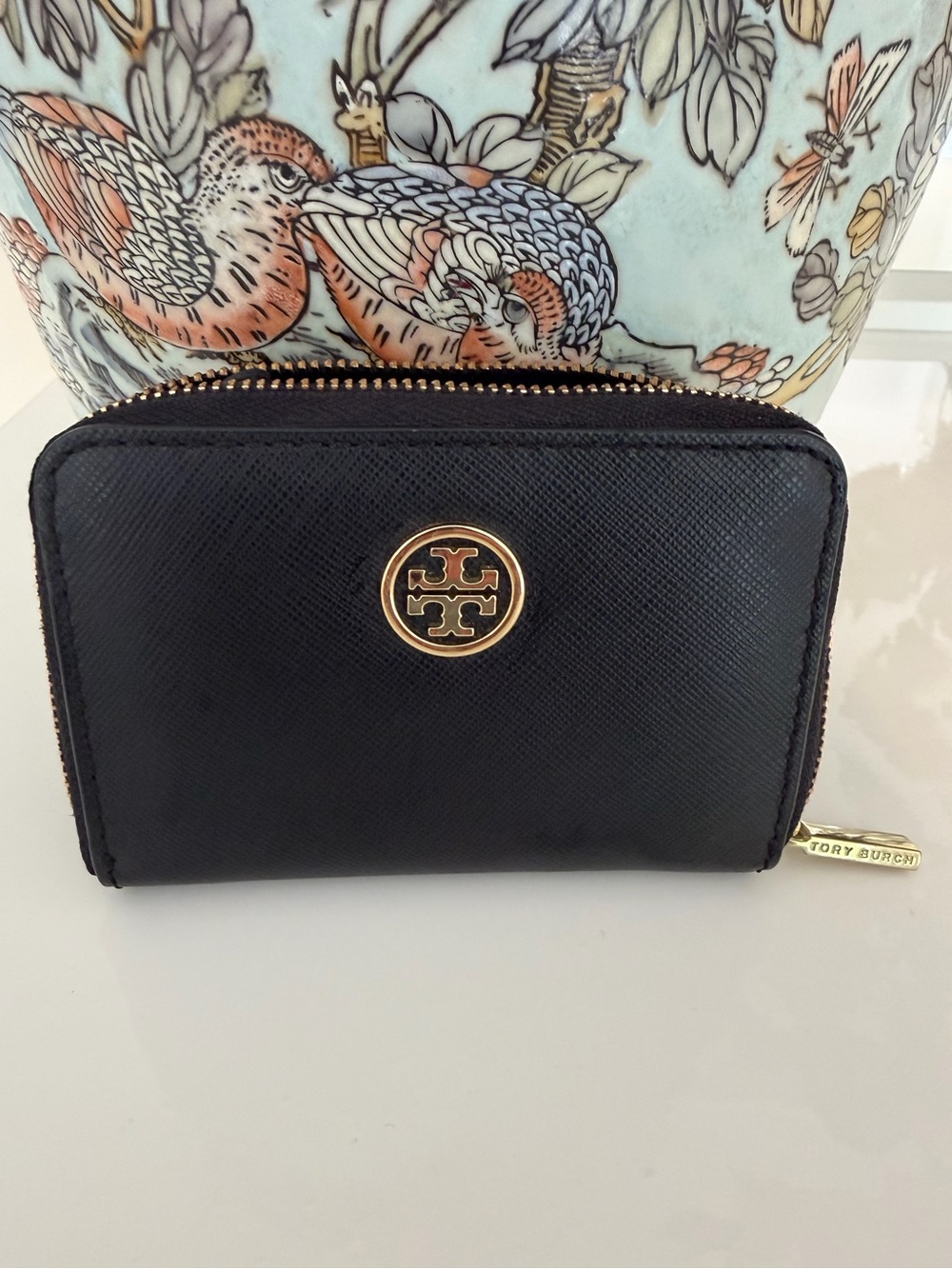 Tory Burch Black Saffiano Zip Card Wallet with Gold Logo